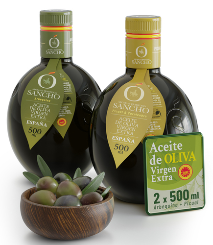 Aceite de Oliva Virgen Extra DOP combo cristal: Arbequina + Picual y Cornicabra