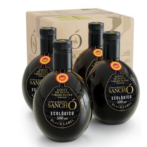 Aceite de Oliva Virgen Extra Ecológico Black Label - Pack 4 x 500 ml - Botella de Vidrio