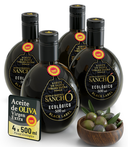 Aceite de Oliva Virgen Extra Ecológico Black Label - Pack 4 x 500 ml - Botella de Vidrio