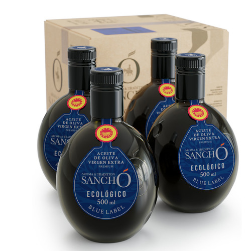 Blue Label Organic Extra Virgin Olive Oil - Pack of 4 x 500 ml - Glass Bottle