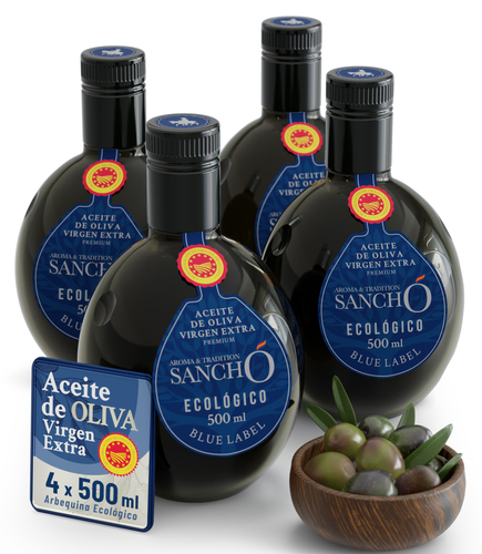 Blue Label Organic Extra Virgin Olive Oil - Pack of 4 x 500 ml - Glass Bottle